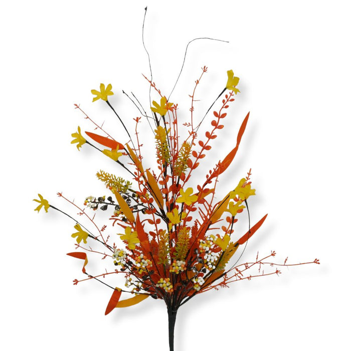 24-inch mixed Halloween spray with yellow flowers, orange foliage, white berry clusters, and twig accents in candy corn colors.
