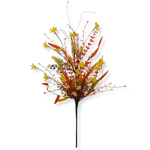 24-inch mixed Halloween spray with yellow flowers, orange foliage, white berry clusters, and twig accents in candy corn colors.