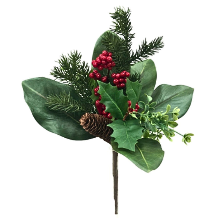 Christmas greenery spray with magnolia leaves, pine, holly, red berries and pinecones, 16.5 inches.