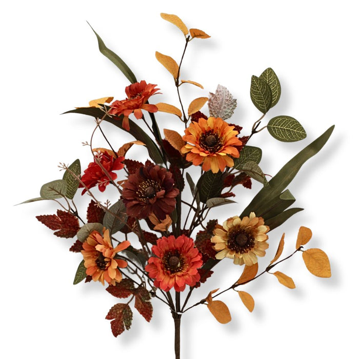 19-inch artificial fall mixed sunflower spray with orange, rust, gold, and cream sunflowers, mixed greenery, and autumn foliage for wreaths and floral arrangements.