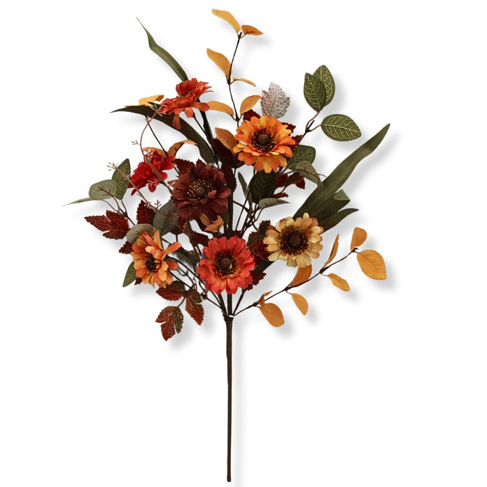 19-inch artificial fall mixed sunflower spray with orange, rust, gold, and cream sunflowers, mixed greenery, and autumn foliage for wreaths and floral arrangements.