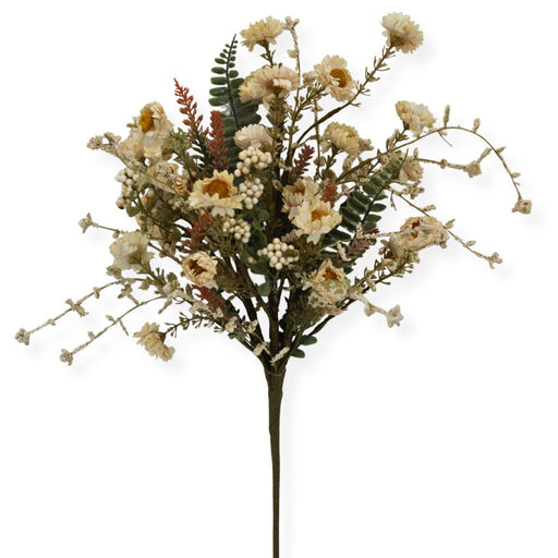 20-inch artificial beige mixed wild daisy berry spray with cream daisies, white berry clusters, wispy stems, and greenery for wreaths, floral arrangements, and home décor.
