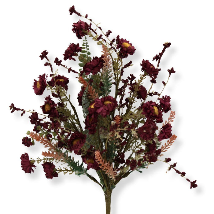 20-inch artificial burgundy mixed wild daisy berry spray with realistic daisies, berries, and greenery for wreaths, floral arrangements, and fall decorating.