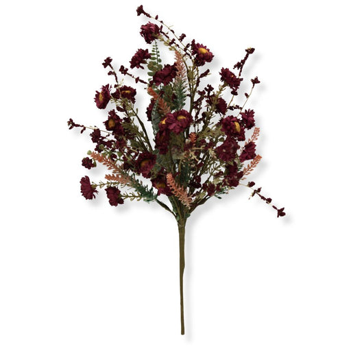 20-inch artificial burgundy mixed wild daisy berry spray with realistic daisies, berries, and greenery for wreaths, floral arrangements, and fall decorating.