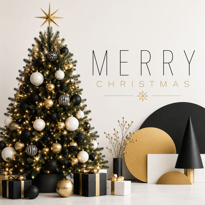 Modern Merry Christmas metal sign with black white and gold decorated Christmas tree and contemporary holiday design