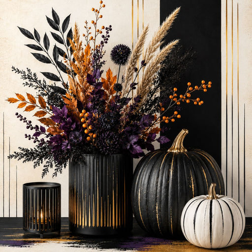 Modern Halloween metal wreath sign with black and white pumpkins, black purple and orange floral arrangement, gold accents and striped background, TTE-611.