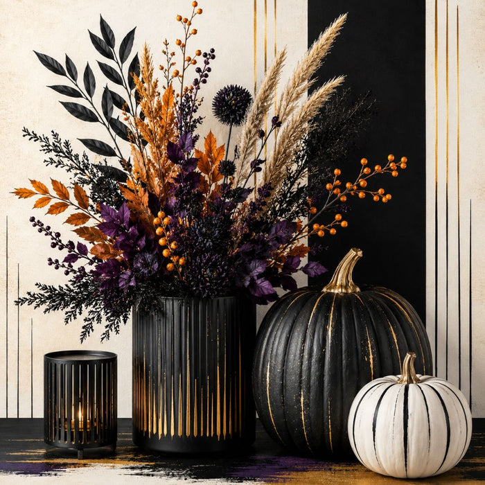 Modern Halloween metal wreath sign with black and white pumpkins, black purple and orange floral arrangement, gold accents and striped background, TTE-611.