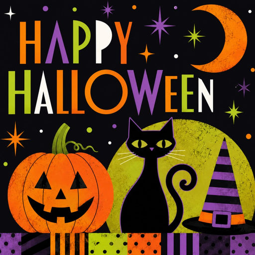 Modern Happy Halloween 10 inch metal sign with black cat, orange jack-o'-lantern, witch hat and crescent moon in purple, lime green and black, wreath accent TTE-613.
