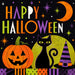 Modern Happy Halloween 10 inch metal sign with black cat, orange jack-o'-lantern, witch hat and crescent moon in purple, lime green and black, wreath accent TTE-613.