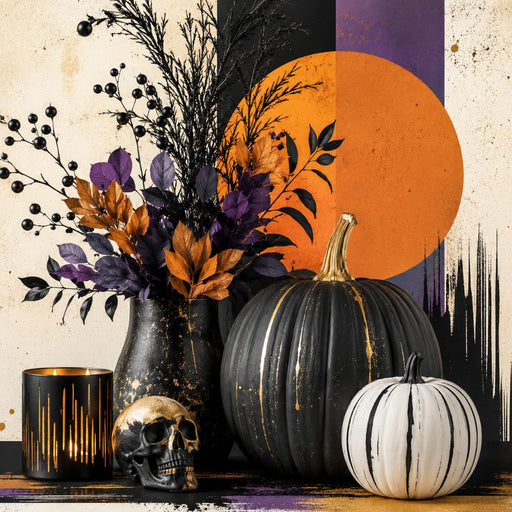 Modern Halloween metal wreath sign with black and white pumpkins, skull, black purple and orange florals, and geometric background, TTE-612.