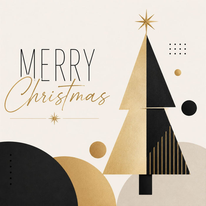 Modern Merry Christmas metal wreath sign with geometric black gold and ivory Christmas trees
