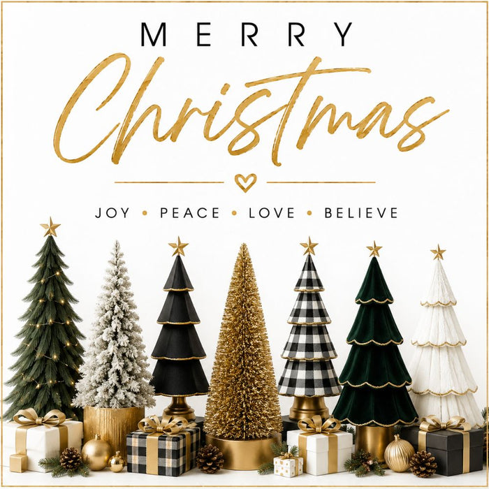 Modern Merry Christmas 10 inch metal sign with black, white, green and gold Christmas trees, buffalo check accents, wrapped gifts, Joy Peace Love Believe sentiment and thin gold border, TTE-661.