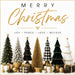 Modern Merry Christmas 10 inch metal sign with black, white, green and gold Christmas trees, buffalo check accents, wrapped gifts, Joy Peace Love Believe sentiment and thin gold border, TTE-661.