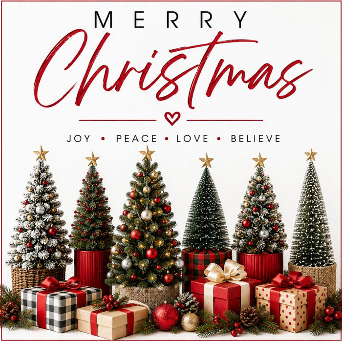 Modern Merry Christmas 10 inch metal sign with red, green, white and gold Christmas trees, plaid and buffalo check gifts, ornaments, pinecones and Joy Peace Love Believe sentiment, TTE-662.