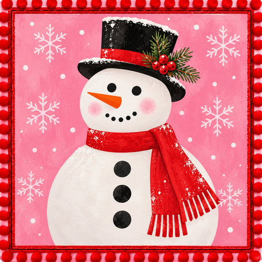 Modern winter snowman metal sign featuring a smiling white snowman with a black top hat, red scarf, pink cheeks, and holly accents against a pink snowflake background with a red pom-pom-style border. TTE-845.