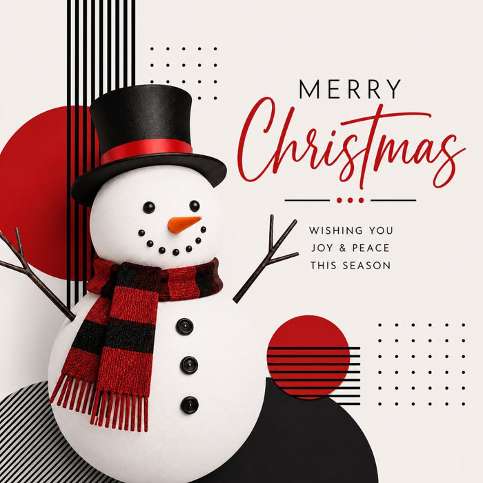 Modern snowman 10 inch metal Christmas sign with black top hat, red and black scarf, bold geometric accents, Merry Christmas and Wishing You Joy & Peace This Season sentiment, TTE-673.