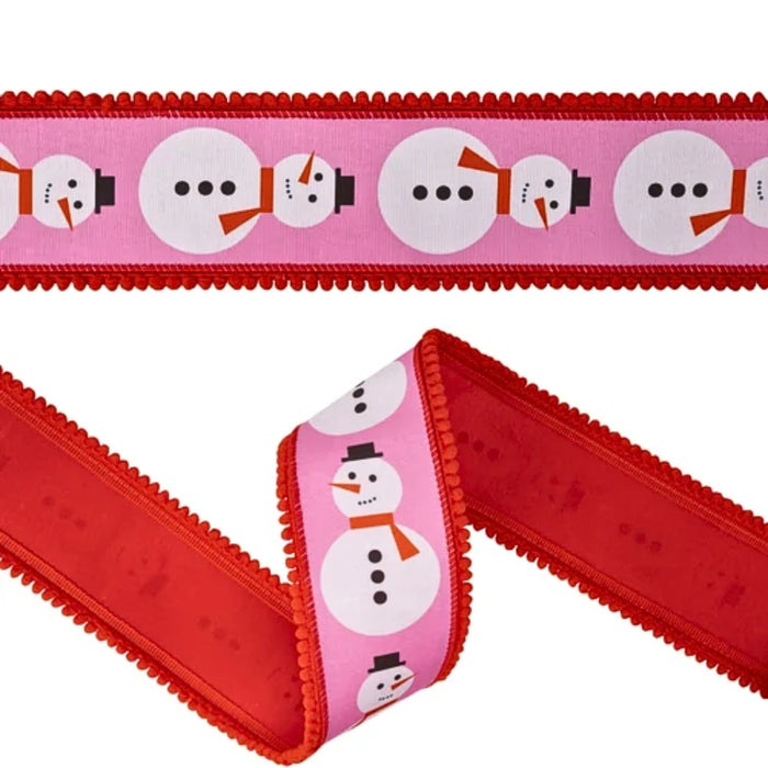 Modern Snowman Pink Wired Dupioni Ribbon with Red Pom Pom Edge 2.5″ x 10 Yards 9735W-250-63E featuring a repeating pink snowman pattern and red pom-pom trim on both edges.