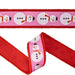 Modern Snowman Pink Wired Dupioni Ribbon with Red Pom Pom Edge 2.5″ x 10 Yards 9735W-250-63E featuring a repeating pink snowman pattern and red pom-pom trim on both edges.