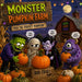 Monster Pumpkin Farm Halloween metal sign featuring cute Frankenstein, mummy, vampire, and purple monster characters choosing pumpkins at a moonlit pumpkin patch. SKU TTE-578.