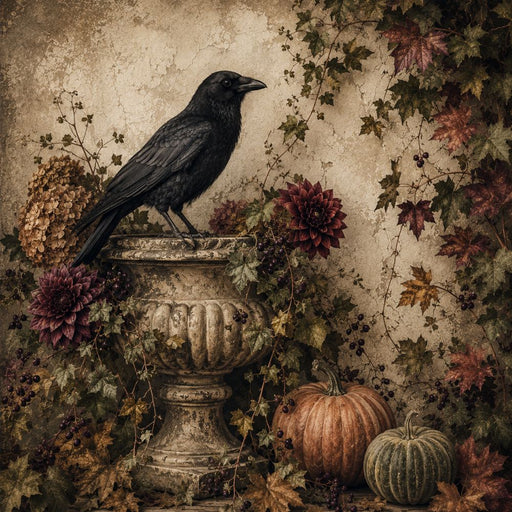 10 x 10 metal wreath sign featuring a crow perched on a vintage stone urn with heirloom pumpkins, climbing ivy, and autumn florals. Exclusive Trendy Tree Design for deco mesh wreaths, grapevine wreaths, or framing. SKU TTE-494.