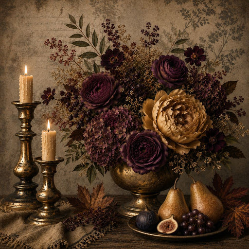 10 x 10 metal fall wreath sign featuring a moody floral arrangement with deep plum flowers, golden blooms, candleholders, pears, figs, and grapes. Exclusive Trendy Tree Design for deco mesh wreaths, grapevine wreaths, or framing. SKU TTE-484.