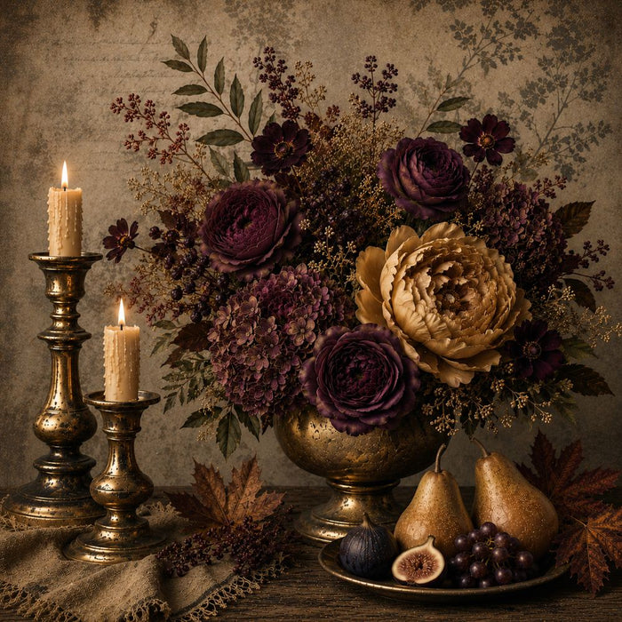 10 x 10 metal fall wreath sign featuring a moody floral arrangement with deep plum flowers, golden blooms, candleholders, pears, figs, and grapes. Exclusive Trendy Tree Design for deco mesh wreaths, grapevine wreaths, or framing. SKU TTE-484.