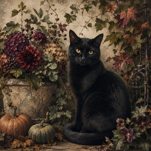 10 x 10 metal Halloween wreath sign featuring a black cat with heirloom pumpkins, moody florals, ivy, and a vintage garden setting. Exclusive Trendy Tree Design for deco mesh wreaths, grapevine wreaths, or framing. SKU TTE-491.