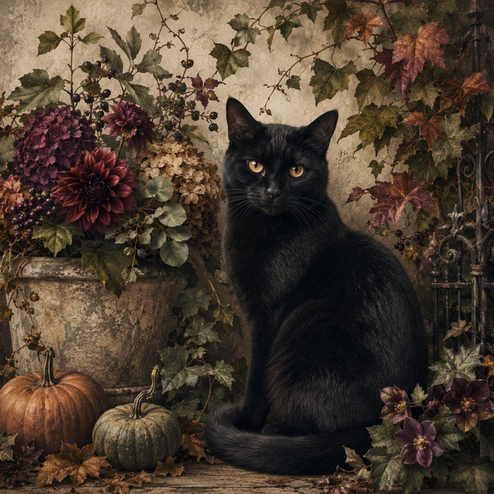 10 x 10 metal Halloween wreath sign featuring a black cat with heirloom pumpkins, moody florals, ivy, and a vintage garden setting. Exclusive Trendy Tree Design for deco mesh wreaths, grapevine wreaths, or framing. SKU TTE-491.