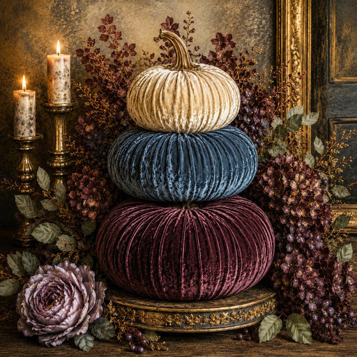 10 x 10 metal fall wreath sign featuring cream, slate blue, and deep plum velvet pumpkins with candlelight and rich autumn florals. Exclusive Trendy Tree Design for deco mesh wreaths, grapevine wreaths, or framing. SKU TTE-490.