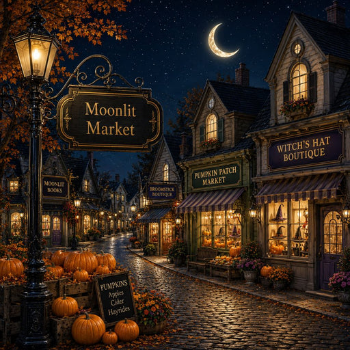 Moonlit Market 10 inch Halloween metal sign with glowing village shops, crescent moon, pumpkins, Witch’s Hat Boutique and autumn market scene, TTE-649.