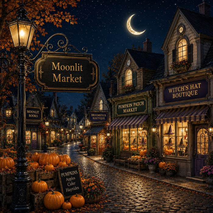 Moonlit Market 10 inch Halloween metal sign with glowing village shops, crescent moon, pumpkins, Witch’s Hat Boutique and autumn market scene, TTE-649.