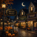 Moonlit Market 10 inch Halloween metal sign with glowing village shops, crescent moon, pumpkins, Witch’s Hat Boutique and autumn market scene, TTE-649.
