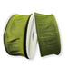 Two spools of 1.5" Moss Green Faux Dupioni Wired Ribbon (10 yards each, #72434-09-08) are placed side by side on a white background. These elegant ribbons feature a faux dupioni texture and wired edges, making them ideal for sophisticated crafting or gift wrapping projects.