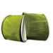 A spool of 2.5" Moss Green Faux Dupioni Wired Ribbon (72434-40-08) is partially unspooled, with both ends curling outward against a white background. This ribbon features a silk-like sheen and a soft texture that enhances its rich moss green hue.