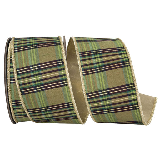 Moss green plaid wired ribbon with brown, black and gold accents, metallic gold edges and solid gold backing, 2.5 inches x 10 yards, SKU 94711W-043-40F.