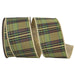 Moss green plaid wired ribbon with brown, black and gold accents, metallic gold edges and solid gold backing, 2.5 inches x 10 yards, SKU 94711W-043-40F.