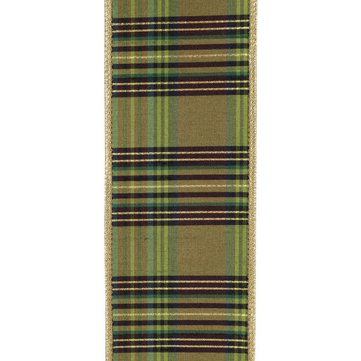 Moss green plaid wired ribbon with brown, black and gold accents, metallic gold edges and solid gold backing, 2.5 inches x 10 yards, SKU 94711W-043-40F.