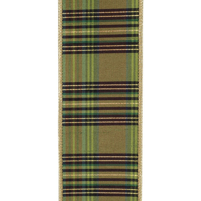 Moss green plaid wired ribbon with brown, black and gold accents, metallic gold edges and solid gold backing, 2.5 inches x 10 yards, SKU 94711W-043-40F.