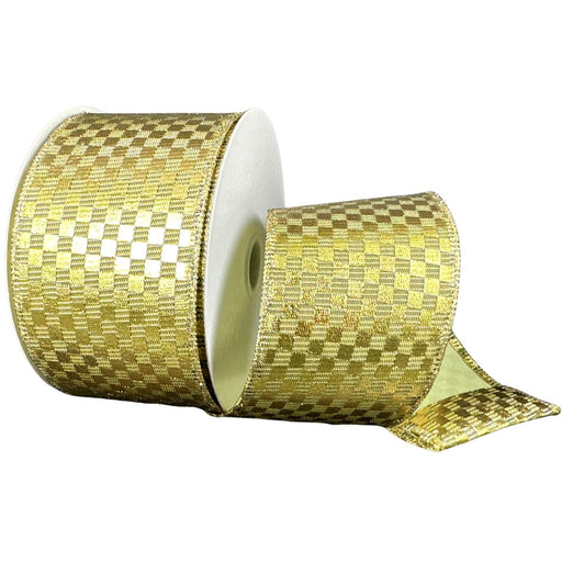 Moss green and gold metallic check wired ribbon, 2.5 inches x 10 yards.