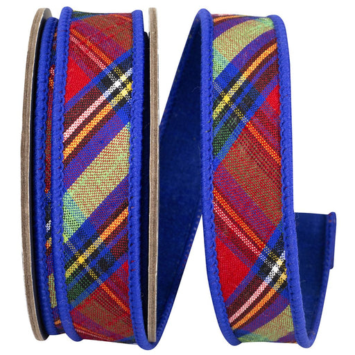 Multicolor diagonal plaid wired ribbon with red, royal blue, green, yellow, black and white pattern, blue edges and blue backing, 1 inch x 5 yards, SKU 94799W-001-05D.