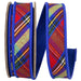 Multicolor diagonal plaid wired ribbon with red, royal blue, green, yellow, black and white pattern, blue edges and blue backing, 1 inch x 5 yards, SKU 94799W-001-05D.