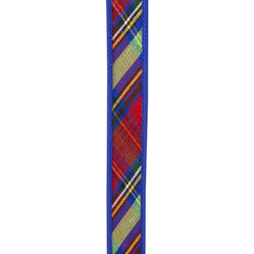 Multicolor diagonal plaid wired ribbon with red, royal blue, green, yellow, black and white pattern, blue edges and blue backing, 1 inch x 5 yards, SKU 94799W-001-05D.