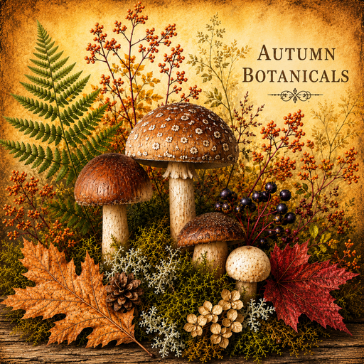 Woodland mushrooms surrounded by autumn leaves, berries, ferns, and seasonal botanicals on a fall wreath accent metal sign TTE-436