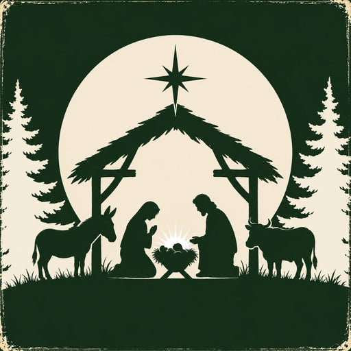 Nativity silhouette 10 inch metal Christmas sign with Mary, Joseph, baby Jesus in a manger, donkey, cow, Star of Bethlehem and dark green evergreen trees on a cream background, TTE-665.