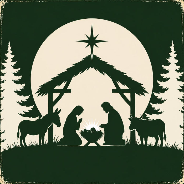 Nativity silhouette 10 inch metal Christmas sign with Mary, Joseph, baby Jesus in a manger, donkey, cow, Star of Bethlehem and dark green evergreen trees on a cream background, TTE-665.