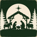 Nativity silhouette 10 inch metal Christmas sign with Mary, Joseph, baby Jesus in a manger, donkey, cow, Star of Bethlehem and dark green evergreen trees on a cream background, TTE-665.