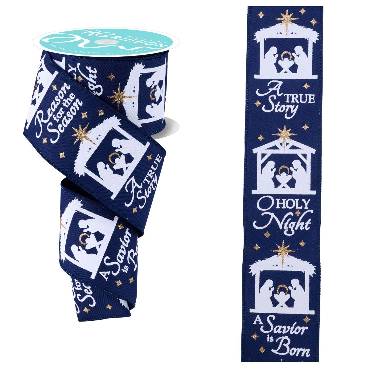 Navy White and Gold 2.5 Inches by 10 Yards Nativity Scene Ribbon ...