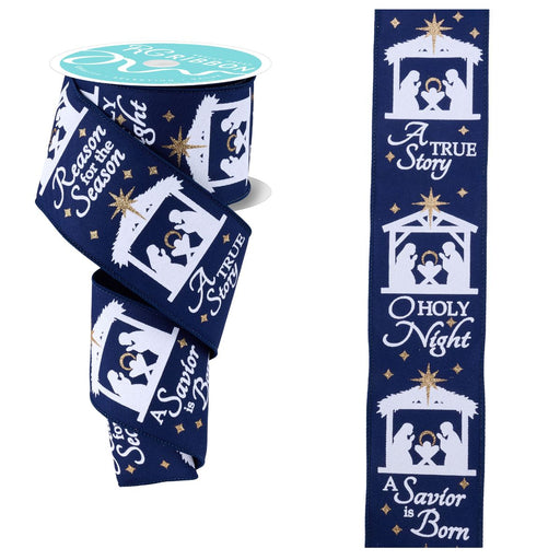 Navy blue wired Christmas ribbon with white Nativity scene and gold stars 2.5 inch wide 10 yard roll RGF192919