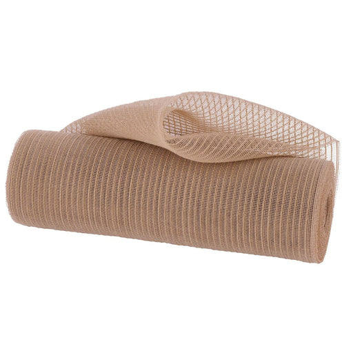 Natural fine weave faux jute stripe mesh roll in beige/tan color, 10.25 inches wide by 10 yards long, lightweight textured craft mesh for wreath making and DIY decor.