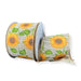 Natural ivory linen wired ribbon with yellow sunflowers and green leafy vines, 2.5 inches wide.